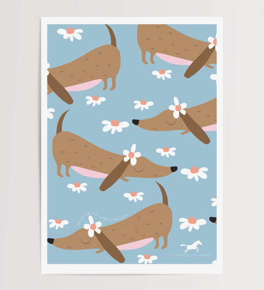 DACHSHUNDS AND DAISIES DIGITAL POSTER SET OF 5