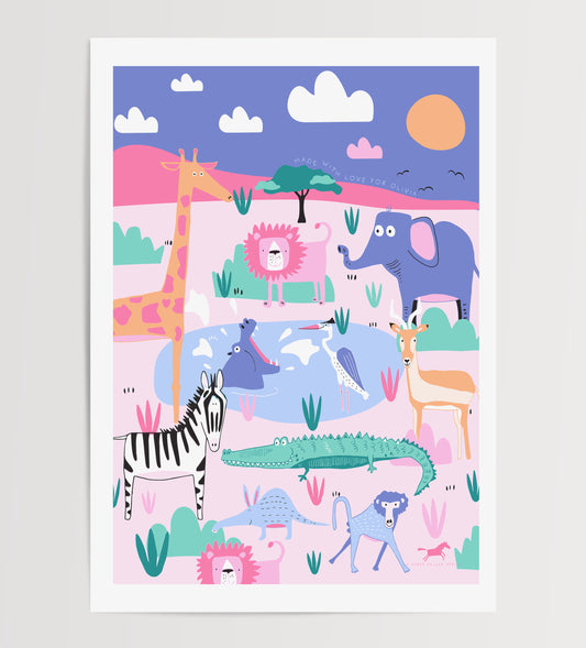 PINK WILD WATERHOLE DIGITAL POSTER SET OF 5